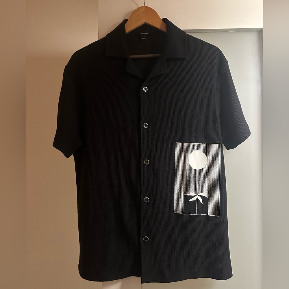 Reiss Black Coast Graphic Print Cuban-Collar Shirt